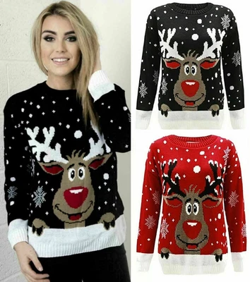 Women Ladies Christmas Novelty Xmas Jumper Sweater Rudolph Top Plus Size - Image 1 of 4