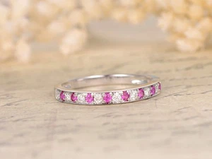 0.55 Ct Round Cut Natural Ruby & Diamond Wedding Eternity Band 18K White Gold 6 - Picture 1 of 7