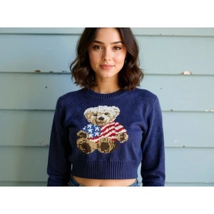 Grayson Threads Navy Blue Bear American Flag Knit Sweater Size XL - Picture 1 of 5
