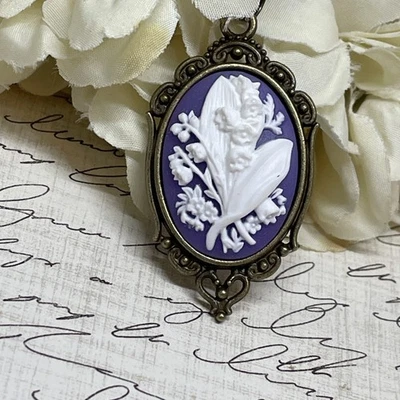 Purple Lily Of Valley Mom Wife Necklace Cameo Bronze wedding Jewelry Birthday - Image 1 of 4