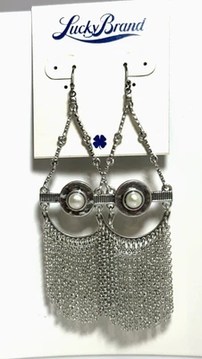 New Lucky Brand Pearl & Fringe Hammered Swag Chandelier Earrings in Silver-Tone - Image 1 of 4