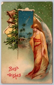 Best Wishes Christmas Tree Candles Angel Bells UNP DB Postcard T26 - Picture 1 of 2