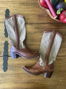 FRYE Jane Braid Western Ivory Canvas Braun Leder Stiefel Größe 7 Festival Boho - Bild 1 von 8
