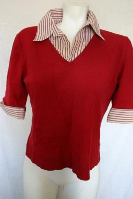 Spenser Jeremy Womens Red V-Neck Faux Layer Sweater Striped Collar Size Large - Image 1 of 4