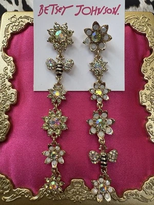 Betsey Johnson Bee Mine Spring Yellow Crystal AB Opal White Flower Long Earrings - Image 1 of 3