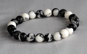 BLACK & WHITE ZEBRA JASPER 8MM ROUND BRACELET ~ 7" 18CM - Picture 1 of 1