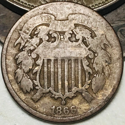 1866 Two Cent Piece 2C Ungraded Civil War Era US Copper Coin CC27382 - Image 1 of 4