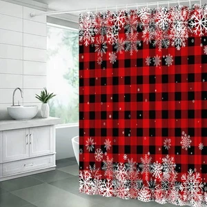 Rustic Christmas Shower Curtain Red Black Buffalo Check Plaid White Snowflake... - Picture 1 of 3