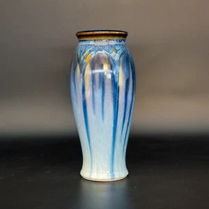 Signed Bill Campbell Studio Art Pottery 8.75"T Blue Brown White Drip Glaze Vase - Picture 1 of 14