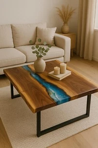Handmade Epoxy Resin Kitchen Table – Blue River & Waves Live Edge Wood Counter - Picture 1 of 9
