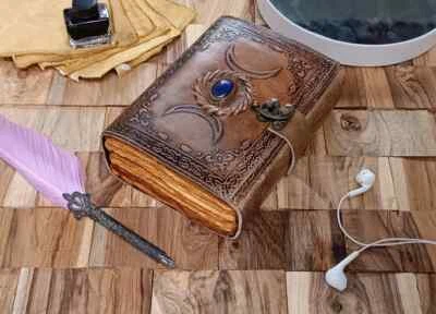Triple Moon Crystal Leather Journal Blank witche Spell Book Of Shadows Grimoire - Image 1 of 4