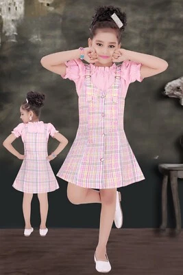 Girls Cotton Knee Length Dress Tshirt Overall Chex Pink Buttoned Adjustable - Image 1 of 2