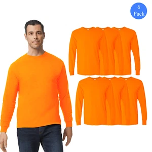 High Visibility Men Gildan Long Sleeve T-Shirt 6 Pack Safety Orange Workwear Tee - Picture 1 of 5