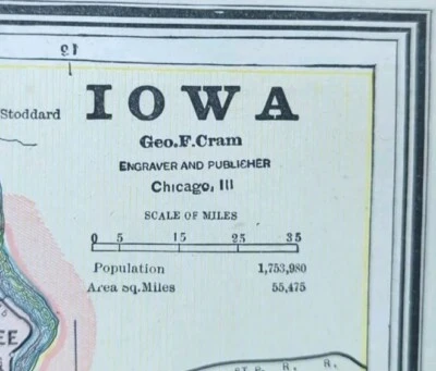 Mapa IOWA 1887 13"x11" ~ Antiguo Antiguo Original DES MOINES CEDAR RAPIDS IA Foto 1 de 4