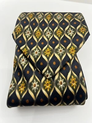Corbata de cuello geométrica y flor negra/dorada/verde 55,5”Lx4”W seda cosida a mano Land's End Foto 1 de 4