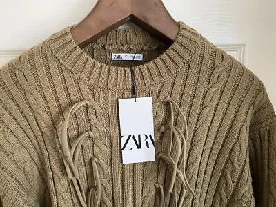 🔥Zara Man Mens Size L Sweater Jumper with FRINGING Khaki Cropped New🔥❤️‍🔥 - Image 1 of 4