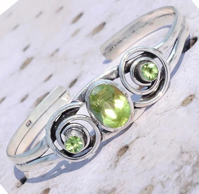 Faceted Peridot Handmade Bangle 925 Sterling Silver Man's Cuff Gifted Jewelry - Image 1 of 4