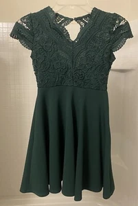 RARE EDITIONS Cap Sleeve Lace Bodice Skater Dress Girls 7 Hunter Green - Picture 1 of 11