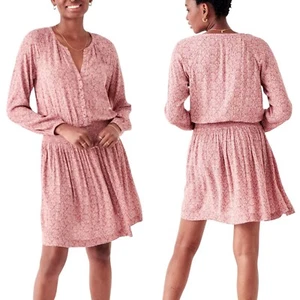 Faherty Women L Montara Dress Mauve Pink Lead Batik Smocked Floral Long Sleeve - Picture 1 of 9