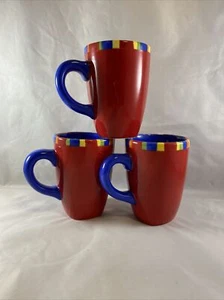 3 Handpainted Dansk Coffee Mugs Bright Red with Multicolor Rim - Picture 1 of 4