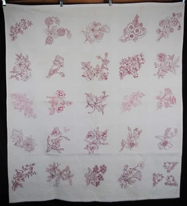 ANTIQUE HAND EMBROIDERED FLORAL QUILT, 1880s - Picture 1 of 15