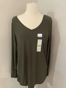 NWT Time and Tru Maternity Long Sleeve Fitted Tee Sz L Olive Green Ruched Sides - Picture 1 of 6