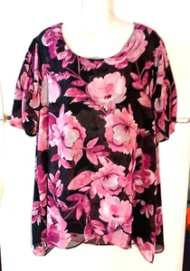 SUSAN GRAVER BLACK WITH PINK FLORAL PRINT COLD SHOULDER CHIFFON OVERLAY TOP 2X - Picture 1 of 5