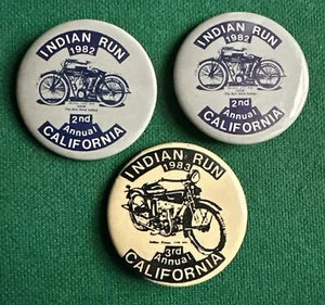 3 BOTONES DE MOTOCICLETA INDIOS 2 1982 SEGUNDO ANUAL CALIFORNIA INDIAN RUN 1 1983 - Imagen 1 de 2