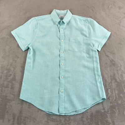 Camisa de lino Onia para hombre mediana azul verdoso estándar manga corta diseñador $150 Foto 1 de 4