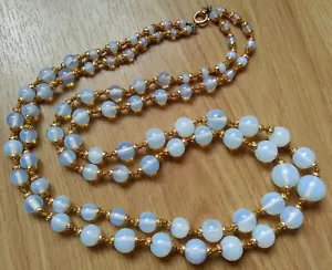 COLLIER DOUBLE RANG vintage PERLES EN CRISTAL OPALESCENT ou VERRE pierre OPALE ? - Foto 1 di 11