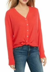 Tommy Hilfiger Womens Waffle Knit Lightweight Tie Front Cardigan Chili - Picture 1 of 2