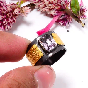 Pink Kunzite Gemstone Black And Gold Plated 925 Sterling Silver Ring s.6.5 Sku42 - Picture 1 of 2