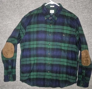 J Crew Flannel Shirt Men's XL Blue Green Plaid Button Down Elbow Patches Cotton - Picture 1 of 6