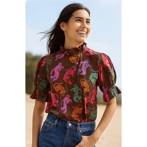 Blusa Top Fox & Hen Wild Cats Puff Manga Corta Cuello Alto Volantes Femenina XL - Imagen 1 de 10