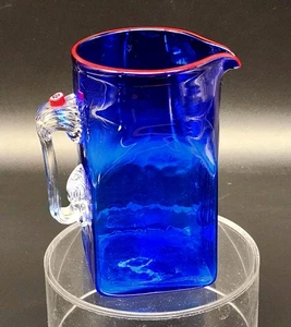 Hand Blown Cobalt Art Glass Pitcher Red Rim Clear Handle By Michael Sosin 5-1/4" - Picture 1 of 16
