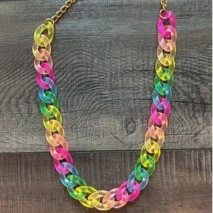Acrylic Chain Link Neon Necklace Rainbow Blue, Pink, Yellow, Green - Picture 1 of 3