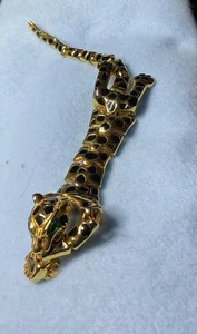 Vintage artikulierte Panther Leopard grüne Augen Schulter Anstecknadel Brosche 6" goldfarben - Bild 1 von 5
