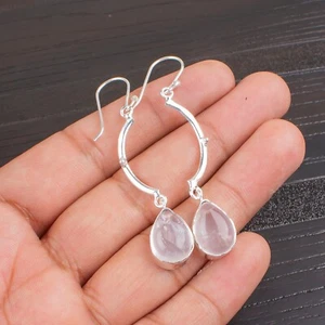 Rose Quartz Gemstone Hook Earrings 925 Sterling Silver Handmade Jewelry For Gift - Picture 1 of 5