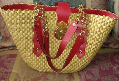 MICHAEL KORS SANTORINI STRAW  beige Raffia Shoulder Handbag RED  leather straps  - Image 1 of 4