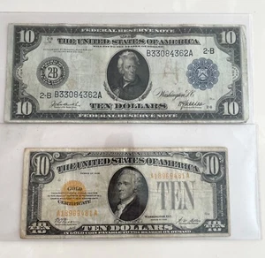 2- U.S. $10 NOTES- 1913 FEDERAL RESERVE BLUE SEAL BLANKET, 1- SERIES 1928 GOLD - Picture 1 of 6