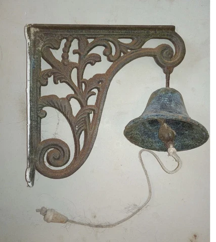 Antique Outside Cast Iron Doorbell Signal Bell And Wrought  Iron WallMount Cover
