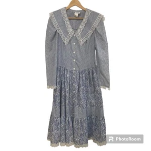 Vintage Gunne Sax Prairie Dress Women's 13 Blue Floral Lace Cottage Core Tiered - Picture 1 of 10