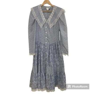 Vintage Gunne Sax Prairie Dress Women's 13 Blue Floral Lace Cottage Core Tiered - Image 1 of 4