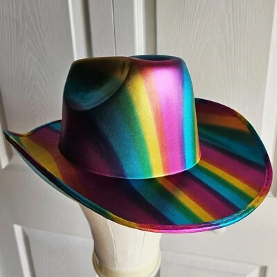 Iridescent Rainbow Cowboy Cowgirl Hat Adult Pride Costume Party Bachelorette NEW - Image 1 of 3