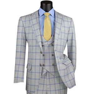 VINCI Men's Light Gray Windowpane 3pc Stretch Modern Fit Suit - NEW - Picture 1 of 4