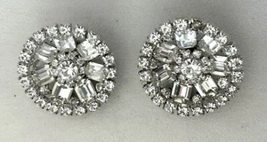 Vtg Clear Large Rhinestone Clip On Round Circular Layered Statement Earrings - Picture 1 of 7