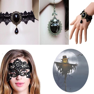 4Pcs Gothic Women Black Velvet Choker Lace Mask Skull Earrings Halloween Cosplay - Image 1 of 4