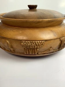 Vintage African Hand Carved Teak Wood 9'' X 4" Bowl With Lid Hand Carved - Picture 1 of 12