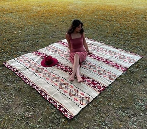 Reversible Alpaca Queen Size Blanket, Red Tribal Geometric Design, Camping Blank - Picture 1 of 10