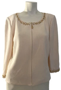 St. John Collection Cremefarbene Strickjacke Größe 10 Gold Kettenbesatz USA - Bild 1 von 14